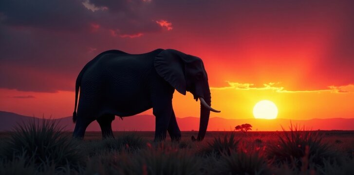 Enormous elephant silhouette against dark sky at sunset, evening, , sunset
