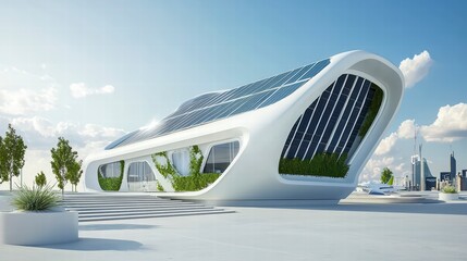 Futuristic Solar Architecture: Captivating image showcasing a cutting-edge building design. Featuring a unique structure adorned with solar panels.