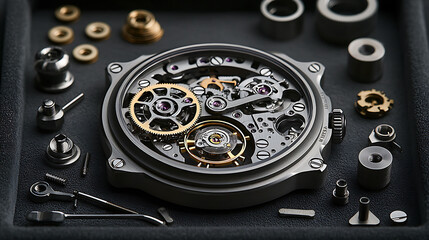 Intricate watch mechanism showcased with its disassembled parts, highlighting precision engineering and craftsmanship.  A captivating image for luxury, technology, or repair concepts.