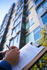 Real estate agent holding clipboard and clipboard form inspecting modern apartment building for property evaluation investment rental opportunity urban setting.