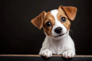 portrait of a happy little puppy head, small cute dog  blinking its eye against a black background