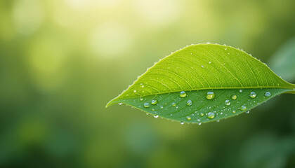 Fototapeta premium A fresh morning leaf with soft-focus dew drops