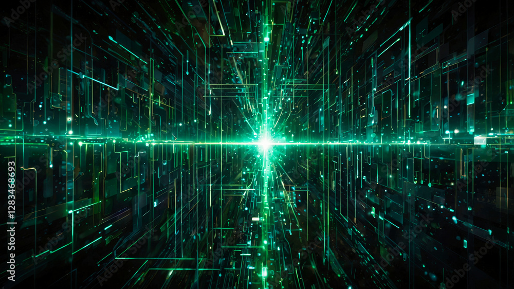 Poster a pulsating mosaic of green data technology, digital high tech concept