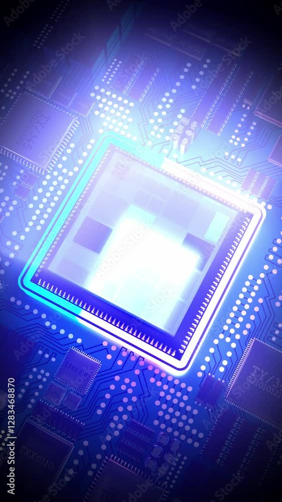 Poster computer processor and light rays - 3d 4k vertical animation (2160x3840 px)