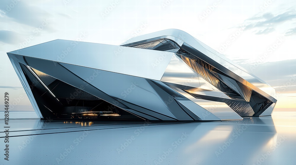 Poster modern architectural marvel: an abstract modern structure with sharp angles and reflective surfaces 