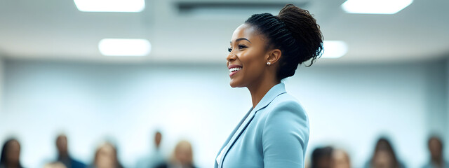 Black businesswoman laughing while standing at the podium in front of people during a conference presentation
