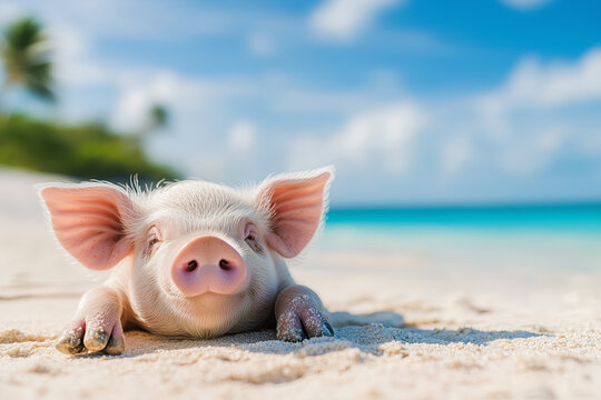 swimming pig on exuma island beach bahamas, tropical beach backdrop with turquoise waters, white sand, and palm trees summer vacation