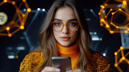 Modern technology enthusiast in autumn fashion with futuristic backdrop for digital communication themes