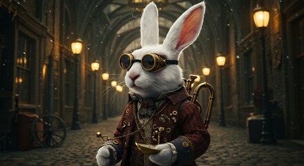 Steampunk Rabbit with Goggles Holding Pocket Watch in Vintage Cityscape