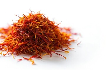 Naklejka premium A cluster of saffron threads suspended in a sticky substance, on a white background, creating an abstract pattern, microscopic, beauty, abstraction