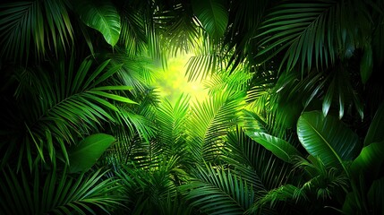   A vibrant jungle abounds with lush foliage and a radiant beam emanating from the terminus
