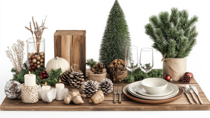 Festive table setting with rustic decorations for a holiday gathering featuring pinecones and ornaments