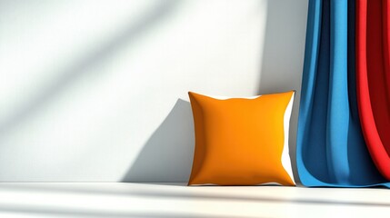 Naklejka premium Minimalist interior design with orange pillow and bold curtains for modern home decor inspiration