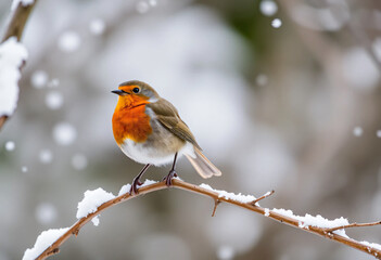 Fototapeta premium Redbreast on a tree branch in winter period with snow