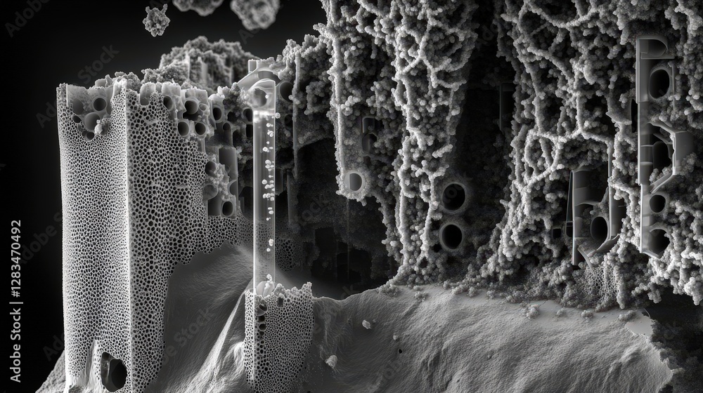 Poster an electron microscope image showing the structure of a material at the atomic level.