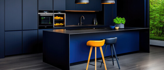 Sleek modern kitchen interior design with blue cabinets and island featuring minimalistic bar stools in bright colors for contemporary home décor inspiration
