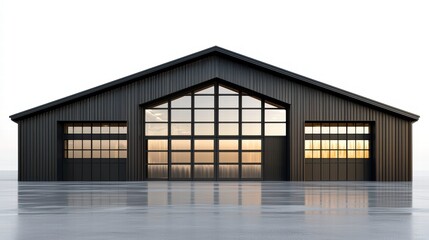 Fototapeta premium Modern Architectural Marvel: A captivating minimalist structure of dark wood and expansive glass windows showcases a harmonious blend of modern design and natural light.