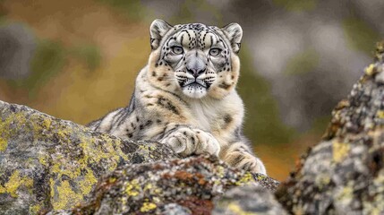 Fototapeta premium An elegant snow leopard perched on a rocky outcrop in the Himalayas, with its piercing eyes scanning the landscape, highlighting the need for conservation efforts in mountainous regions