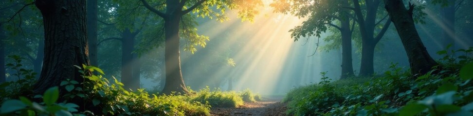 Ethereal light dances across a misty forest floor, forest, mysterious, trees