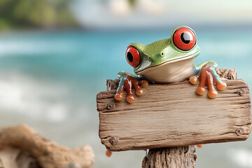 Red Eyed Tree Frog on a rustic wooden sign on tropical island beach backdrop with sea, white sand, and palm trees, travel vacation on exotic caribbean destination