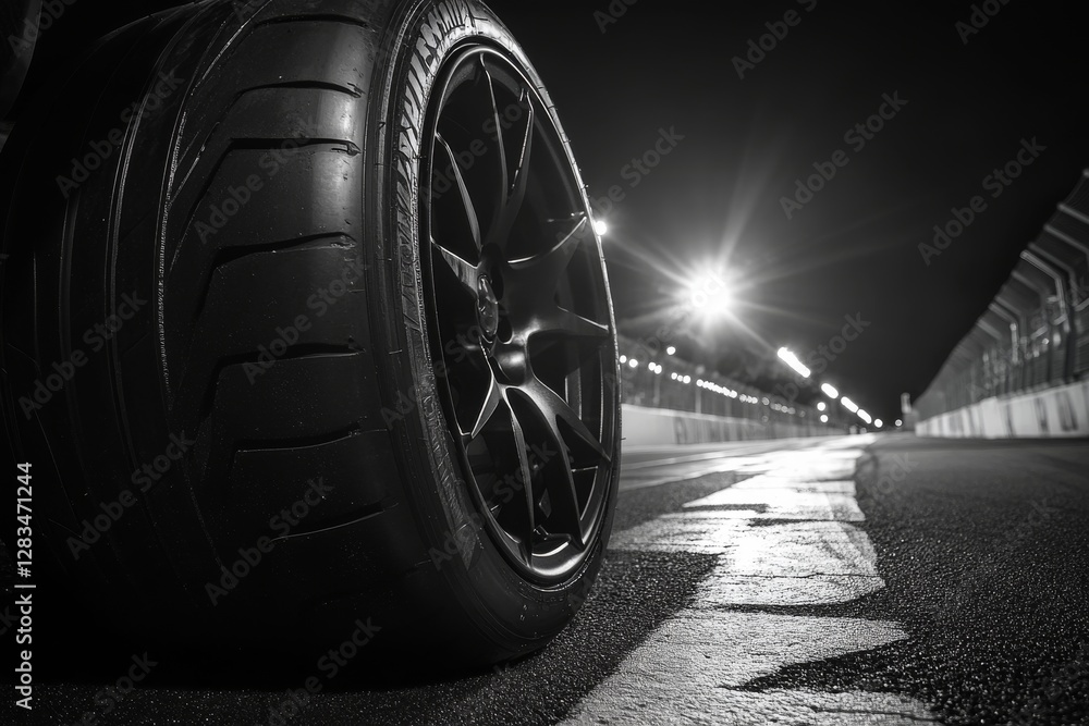Poster nighttime close-up of a race tire captured on a dimly lit track with glowing lights in the backgroun