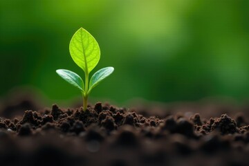 Fototapeta premium small green sprout with delicate roots in soil, green sprout, vegetation, natural