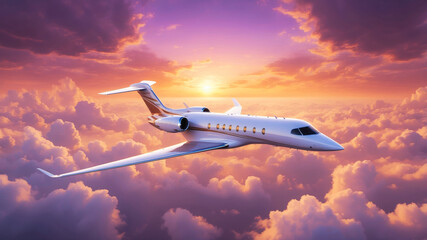 Fototapeta premium A sleek, modern private jet flying above a dense layer of fluffy clouds during sunset