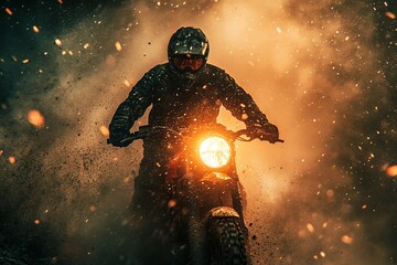 Motorcycle rider speeds through a cloud of dust and sparks during an intense off-road adventure in a dramatic setting