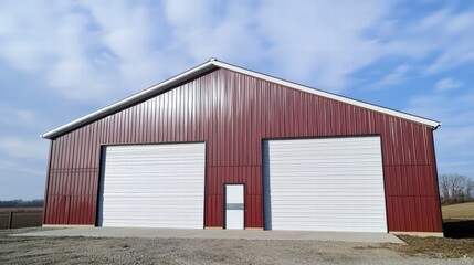 Fototapeta premium Red Metal Garage with Double Doors: A classic red metal garage with double garage doors and a single door on the side is nestled against a bright blue sky with wispy clouds.