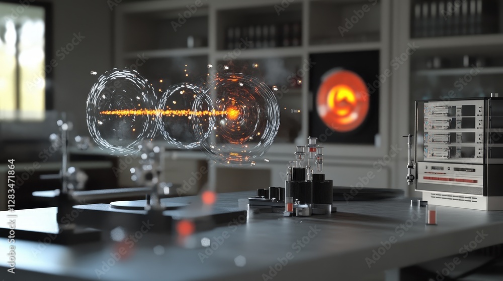 Poster an experiment setup showing the separation of protons in a magnetic field in a physics lab
