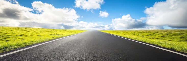 Naklejka premium A picturesque countryside scene in banner format featuring a vast cereal field and a pasture separated by an empty asphalt road set against a clear blue summer sky