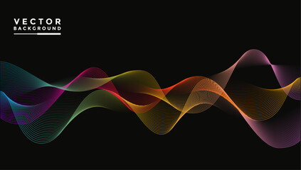 smooth wavy lines color gradient Bright colors of yellow, red, purple, pink, blue, green, yellow, wavy elements, black background, designed with soft yet luxurious textured materials.