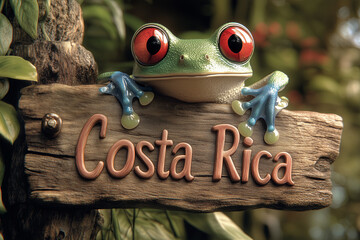 Travel destination costa rica red eyed tree frog on a rustic wooden sign on tropical island beach palm trees lagoon, jungle