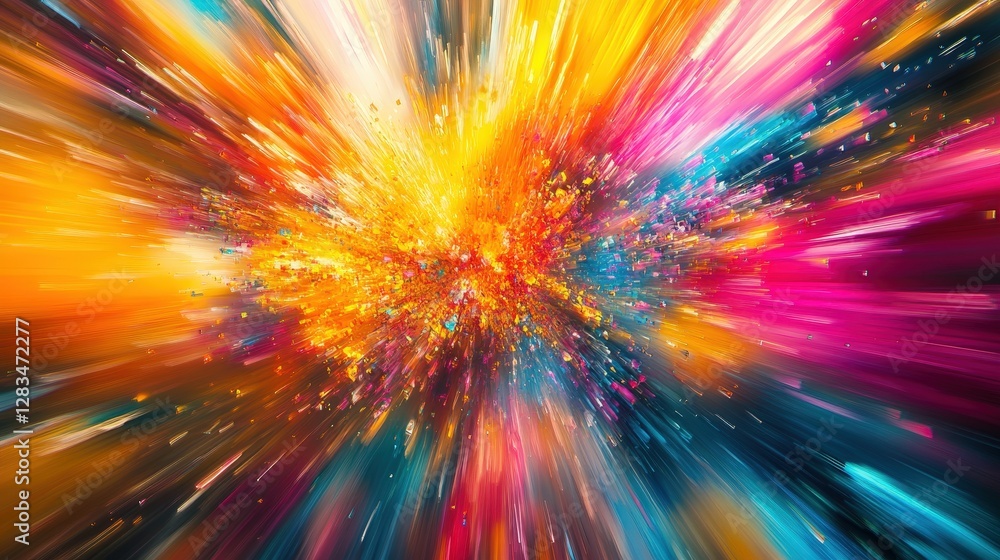 Poster bright colors--yellows, pinks, oranges, and blues--blending into a dynamic abstract pattern, creatin