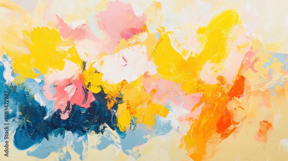 Poster bright colors--yellows, pinks, oranges, and blues--blending into a dynamic abstract pattern, creatin