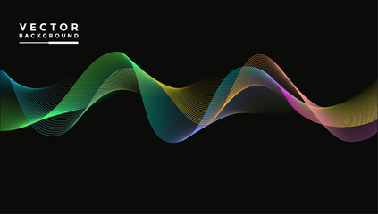 Smooth wavy lines, bright gradient colors, green, blue, pink, yellow, small wave elements, black background, designed with soft but elegant textured materials.