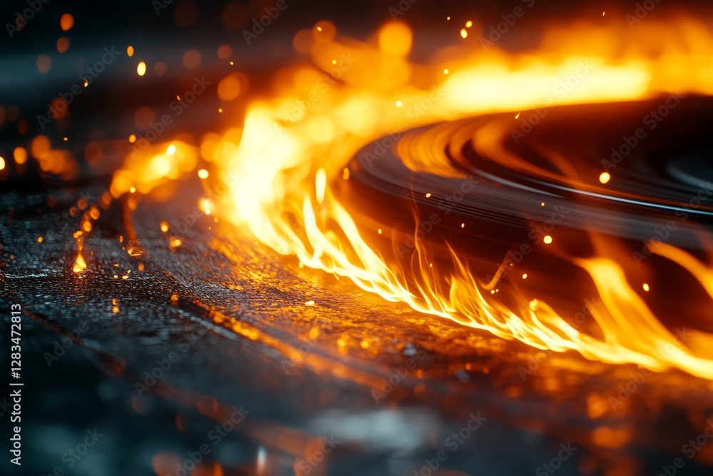 Poster fire and rubber create intense visual spectacle during tire burnout at a racing event