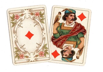 A blackjack or pontoon hand of antique playing cards on a white background.