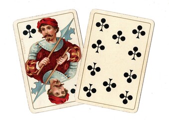 A blackjack or pontoon hand of antique playing cards on a white background.