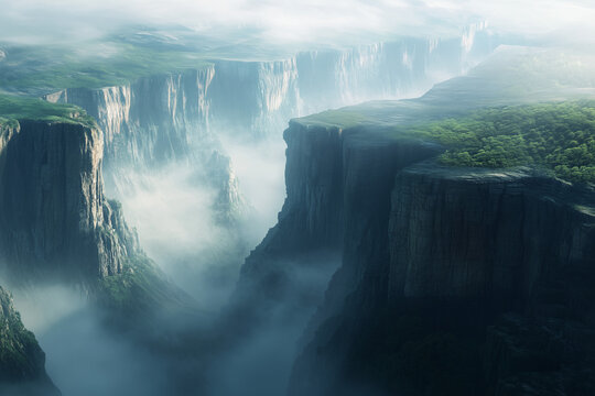 fantasy misty canyon with rocky cliffs
