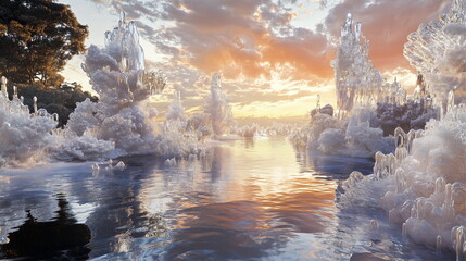Shimmering reflections on a glassy river with surreal structures