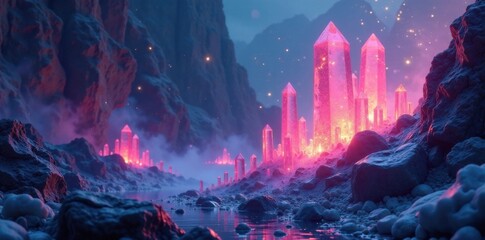 Naklejka premium Ethereal mist swirls around glowing crystal formations , mystic, ethereal, otherworldly
