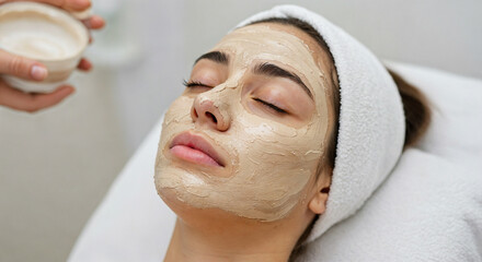 Mujer recibiendo un tratamiento facial en un salón de belleza con mascarilla aplicada en el rostro. SPA