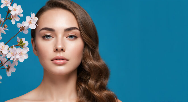Mujer hermosa con piel perfecta, radiante y sin maquillaje junto a ramas de manzano o cerezo en flor sobre fondo azul. Ideal para publicidad de salones de belleza o servicios de spa