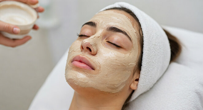 Mujer recibiendo un tratamiento facial en un sal&oacute;n de belleza con mascarilla aplicada en el rostro