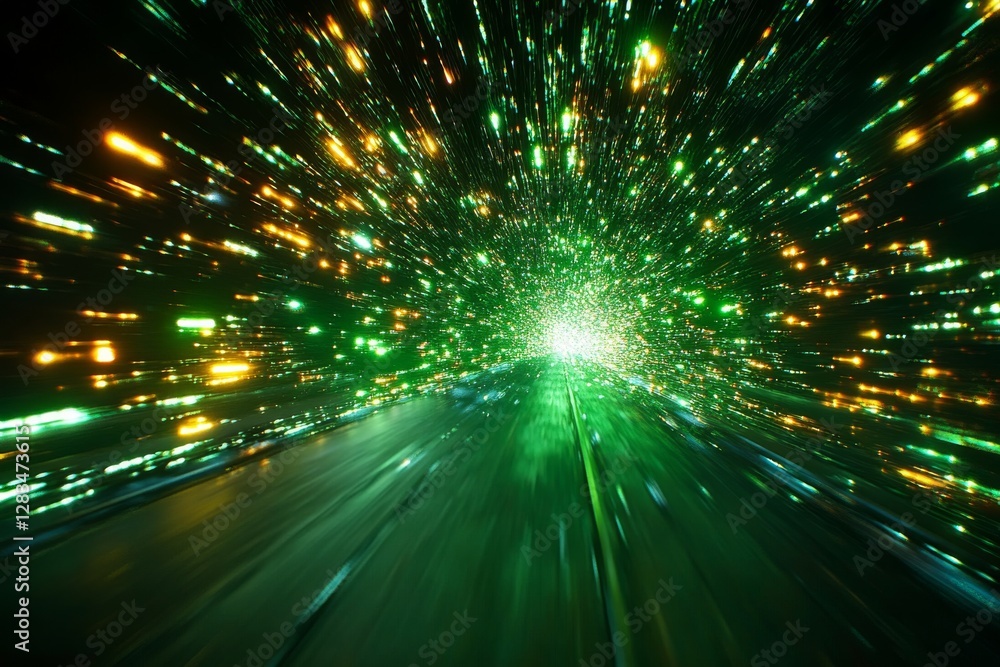 Poster vivid green lights swirl and zoom in a dynamic explosion of color on a dark background