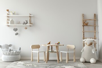 A minimalist children s playroom with a white wall. a round table. and two chairs There are shelves. stuffed animals. and a rug on the floor