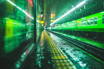 Rain-soaked subway station at night with vibrant green lights illuminating the empty platform