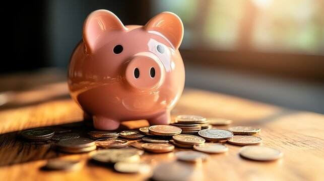 Piggy bank surrounded by scattered coins symbolizes saving and financial growth