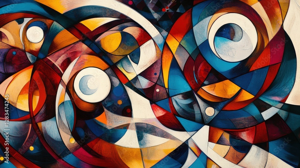 Poster an intricate abstract design featuring sharp, angular lines and circles, overlapping in various shad